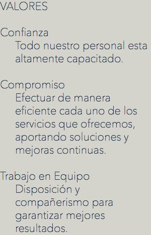VALORES
 Confianza
Todo nuestro personal esta altamente capacitado. Compromiso
Efectuar de manera eficiente cada uno de los servicios que ofrecemos, aportando soluciones y mejoras continuas. Trabajo en Equipo
Disposición y compañerismo para garantizar mejores resultados.
